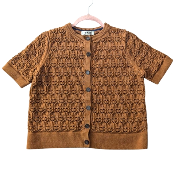 Boden Brown Crochet Cropped Cardigan Women's Sz Medium Short Sleeve Button Front - Picture 2 of 9